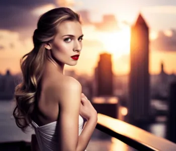 Eine hübsche Frau steht auf einem Hochhausbalkon und schaut lasziv über die rechte Schulter in die Kamera