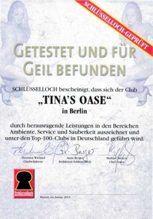 Das Zertifikat der Zeitschrift Schlüsselloch, welches dem Sexkino Tinas Oase bescheinigt zu den Top 100 Clubs in Deutschland zu gehören.