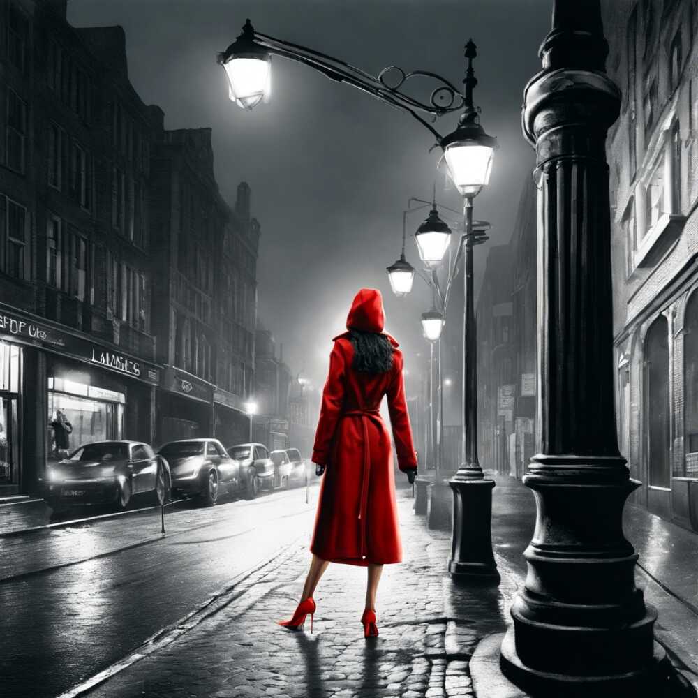 Eine Sexarbeiterin in rotem Mantel und High Heels steht in einer Straße unter einer Laterne und wartet auf Kundschaft